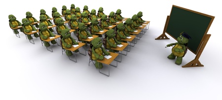 3D render of tortoise sat at school deskの写真素材