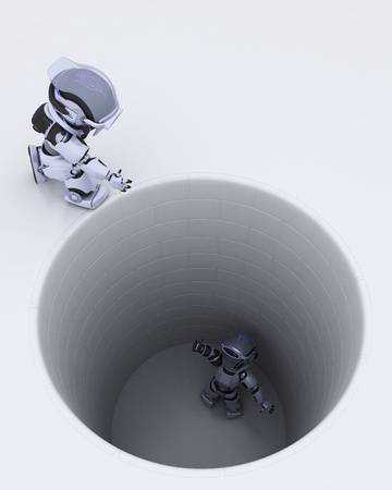 3D render of a robot stuck in a hole metaphorの写真素材
