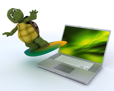 3D render of a tortoise with surf board and laptopの写真素材