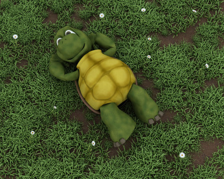 3D render of a tortoise lying on grass in flowers