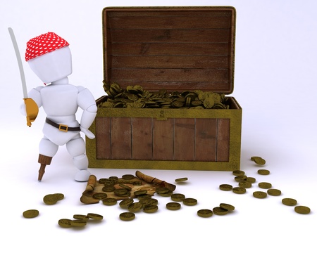 3D render of a Pirate with treasure chestの写真素材