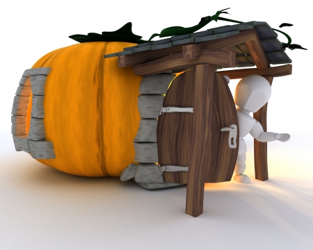 3D Render of Man in Halloween Pumpkin Cottageの写真素材