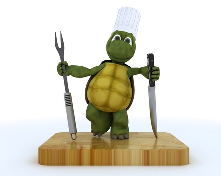 3D render of a tortoise with carving knife and forkの写真素材