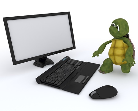 3D render of a tortoise with a computerの写真素材