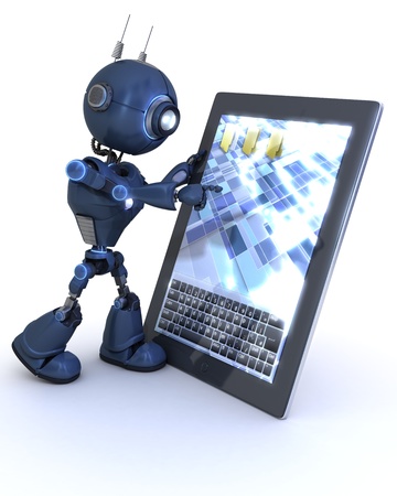 3D Render of a robot with mobile tablet deviceの写真素材