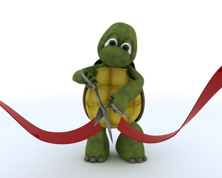 3D render of a tortoise cutting a red ribbonの写真素材