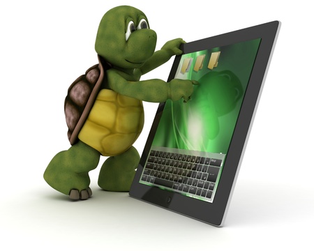 3D render of a tortoise with Tablet PCの写真素材