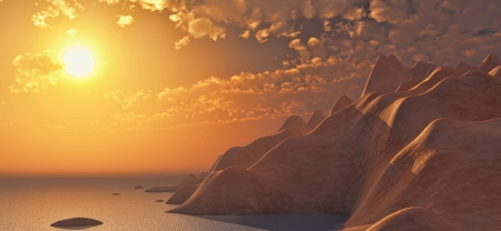 3D render of a mountain scene and sea against a sunset skyの写真素材
