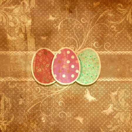 Decorative grunge style floral Easter egg background with butterfliesの写真素材