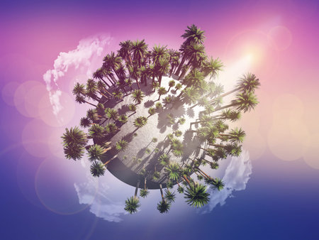 3D render of a conceptual image of palm trees on a sandy globe with clouds