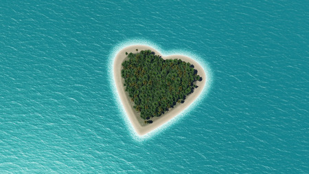 3D render of a heart shaped island in the ocean with palm treesの写真素材
