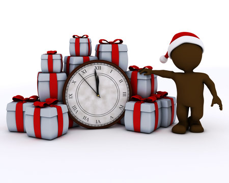 3D Render of Santa Morph Man with clock before midnightの写真素材