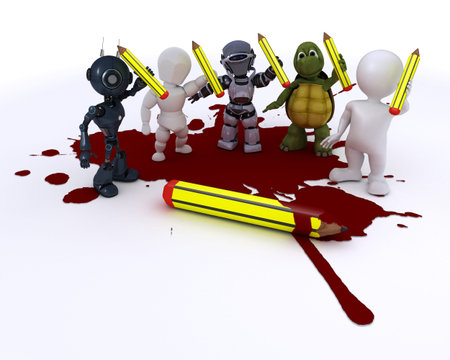 3D render of a cartoonist men with pencils and blood