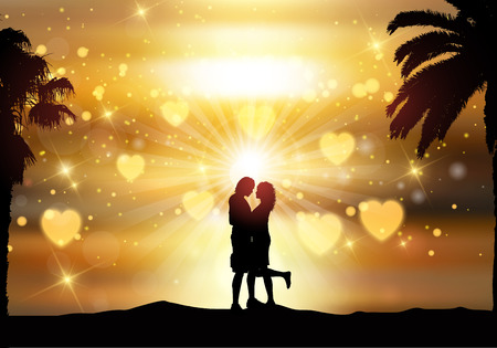 Silhouette of a couple kissing against a sunset skyのイラスト素材