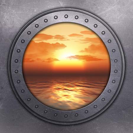 3D render of a port hole looking out onto the oceanの写真素材