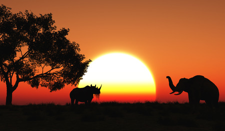 3D render of a rhino and elephant in an African landscapeの写真素材