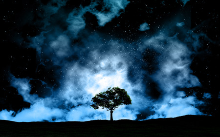 3D space landscape with tree silhouette against skyの写真素材