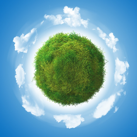 3D render of a grassy globe with clover and cloudsの写真素材