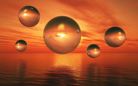 3D render of a surreal landscape with glass spheres hovering over a sunset sea