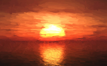 Oil painting of the sun setting over the oceanの写真素材