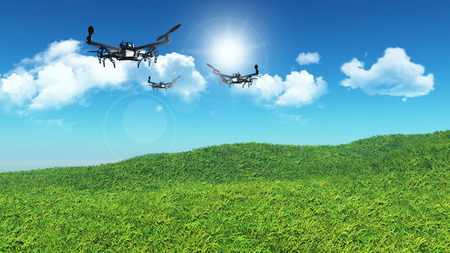 3D landscape of grassy hill with drones flying in a blue skyの写真素材