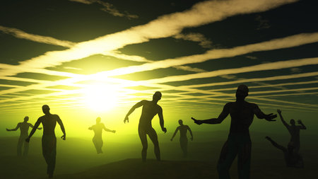 3D render of spooky zombies in green landscapeの写真素材