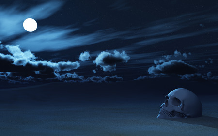 3D render of a skull partially buried in sand against night skyの写真素材