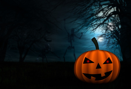 3D render of a Halloween background with spooky skeletons and pumpkinの写真素材