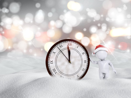 3D render of a Happy New Year snowy scene with figure and clockの写真素材