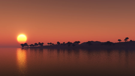 3D render of an island of trees against a sunset skyの写真素材