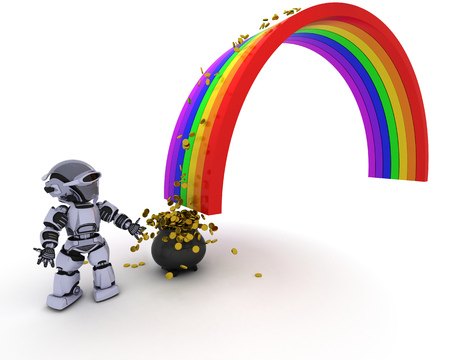 3d render of robot with pot of gold at the end of the rainbowの写真素材
