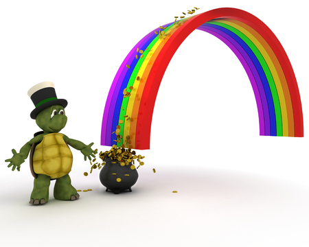 3d render of turtle with pot of gold at the end of the rainbowの写真素材
