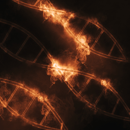 3D render of DNA strands with smoke and fire effectの写真素材