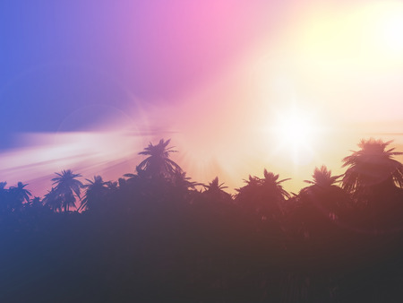3D render of a palm tree landscape at sunset with retro effectの写真素材