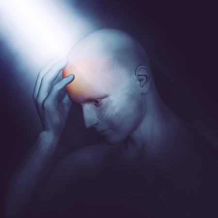 3D render of a male medical figure holding head in pain with dramatic lightingの写真素材