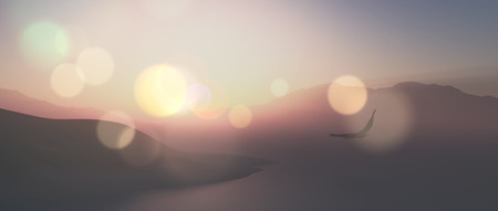 3D render of a widescreen landscape with eagle flying through the air with vintage effectの写真素材