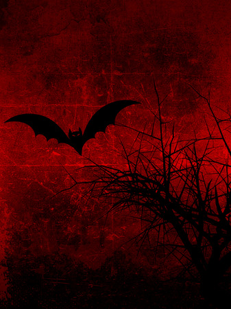 Dark grunge background with spooky tree and Halloween batの写真素材