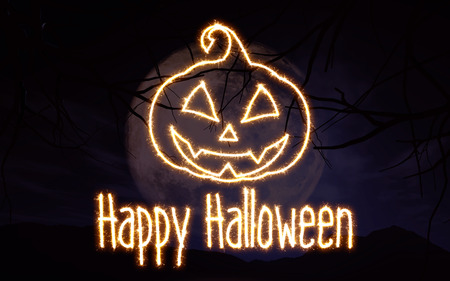 3D render of trees against a moonlit sky with sparkle writing and pumkinの写真素材