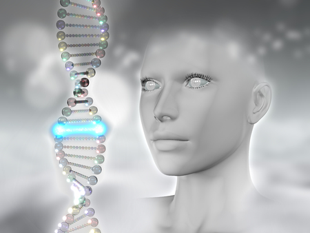 3D render of a female head and DNA with one glowing strandsの写真素材