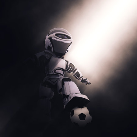 3D render of a robot with a soccer or footballの写真素材