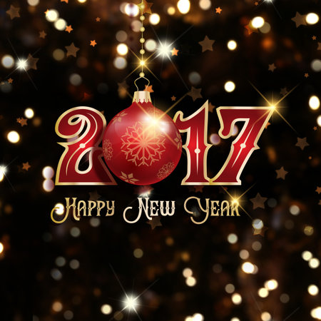Decorative Happy New Year background of bokeh lights and hanging bauble
