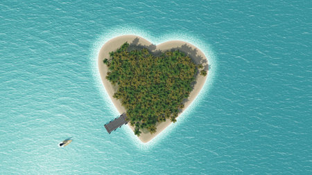 3D render of a heart shaped tropical island with boat speeding towards itの写真素材
