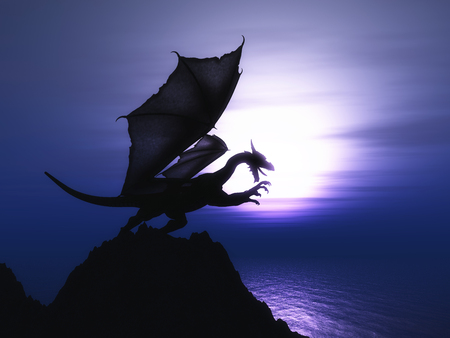 3D render of a fantasy dragon on a cliff against a sunset oceanの写真素材