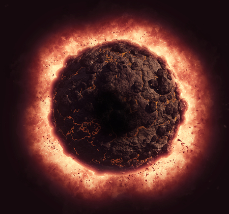3D render of a volcanic planet with explosion effectの写真素材