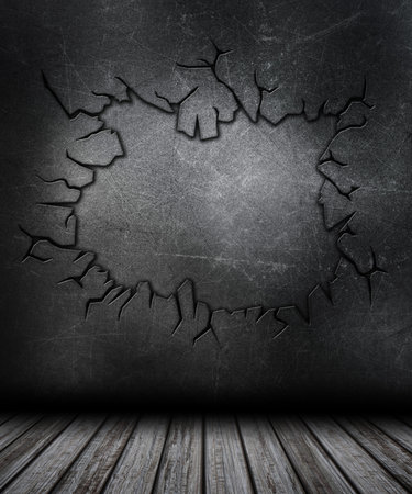 Grunge room interior with cracked metal wallの写真素材