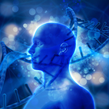 3D render of a medical background with DNA strands and male head