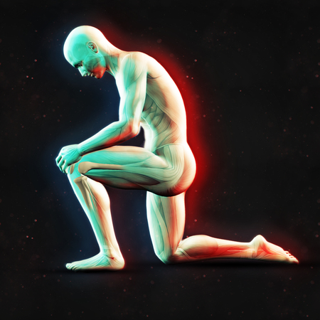 3D render of a male figure holding knee with dual colour effectの写真素材