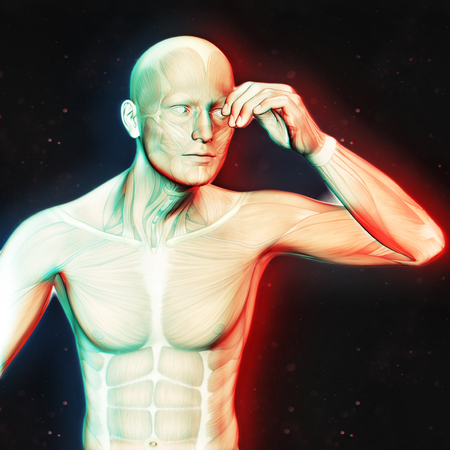 3D render of a male figure holding head in pain with dual colour effectの写真素材