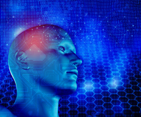 3D render of a modern technology background with connecting lines and dots and male headの写真素材