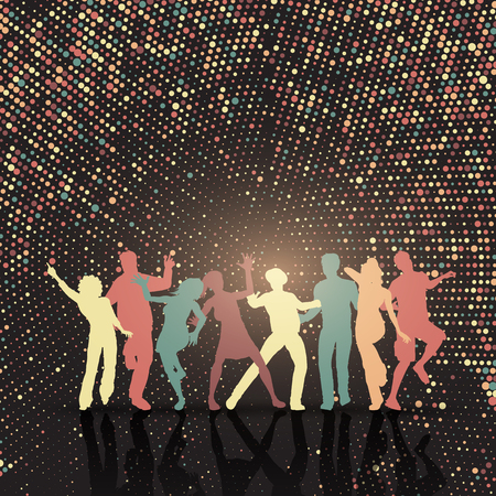 Silhouettes of people dancing on a halftone dots backgroundの写真素材